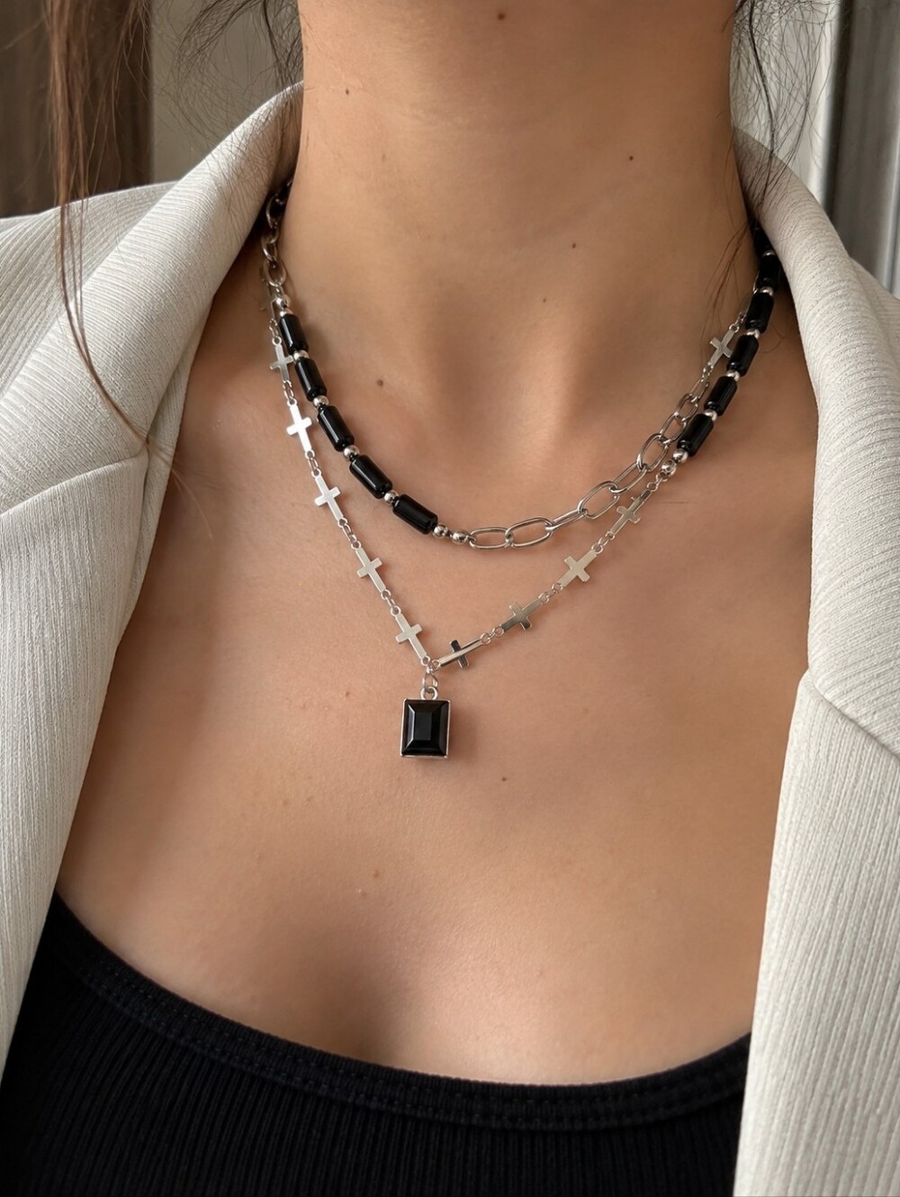 Women's Silver Black Layered Cross Pendant Necklace Gothic Y2K